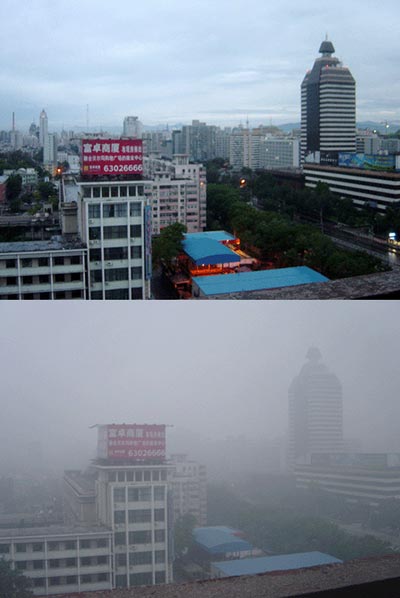 Beijing, China smog comparison 2005. Global cooling sulfates emitted from burning fossil fuels are a primary component of smog. (Photo: Bobak, CC)