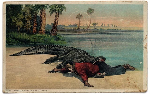 Racist narratives about Black children being “alligator bait” are apparent in this postcard from the 1930s. (Photo: David Pilgrim/PM Press)