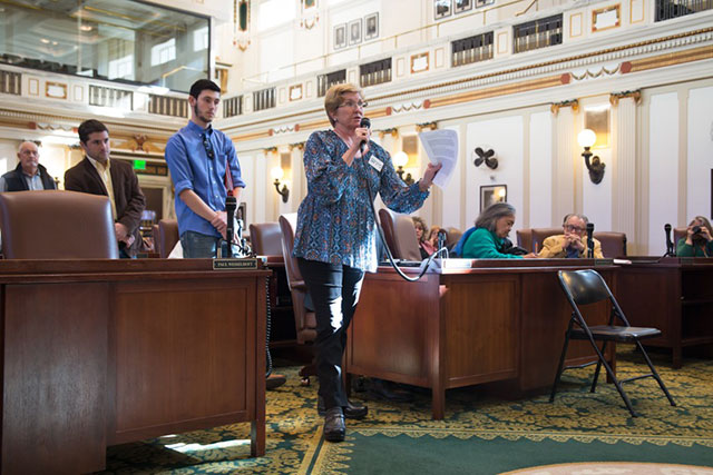 Angela Spotts at the earthquake hearing in the State Capitol. (Photo: Julie Dermansky)