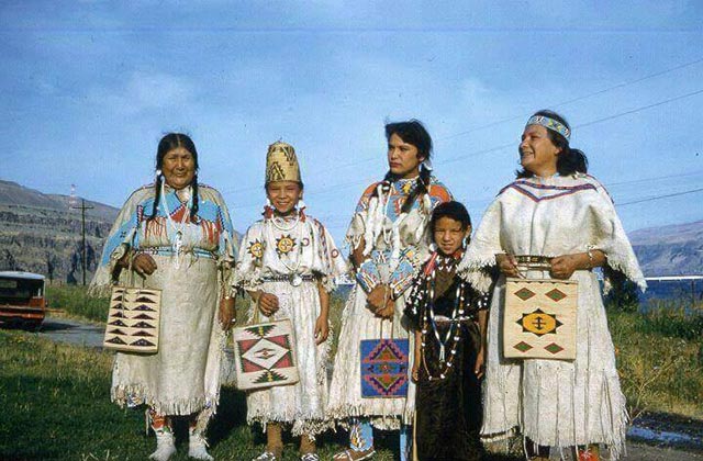 Relatives of the Jack siblings, on the shores of the Columbia. From left to right (with relations to the Jack siblings in parenthesis): Minnie Wesley Showaway (great grandmother), Irene Brunoe (aunt), Mary Cook Jack (mother), Estella Lawson Brunoe (aunt), Irene Williams Brunoe (grandmother). 1958. (Photo: Courtesy of Lana Jack)