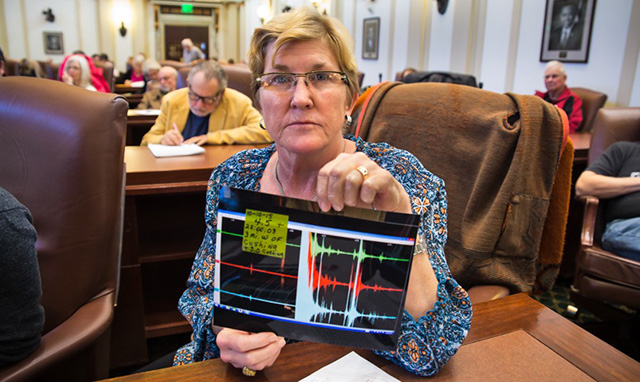 Angela Spotts at the earthquake hearing in the State Capitol. (Photo: Julie Dermansky)