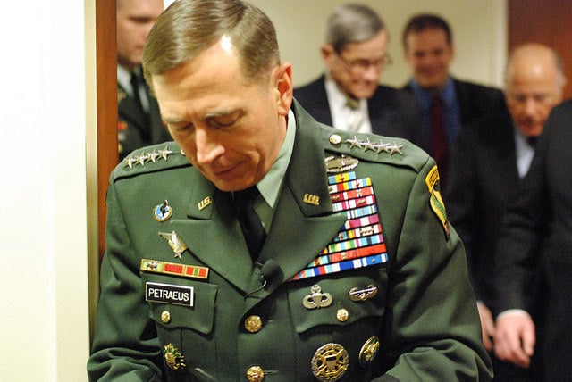 David Petraeus, speaking at a CSIS Military Strategy Forum in 2010. In spite of his sentencing for misdemeanor charges for illegally passing on highly classified material to his mistress and lying to FBI officials, the Pentagon has chosen not to reduce his rank, ensuring full, four-star retirement pay.
