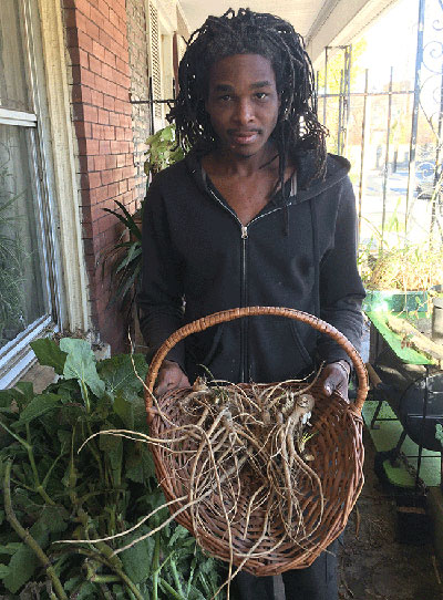 Chris Bolden-Newsome shows off a basket of marshmallow root he grew at Bantram’s Garden. (Photo: Owen Taylor)