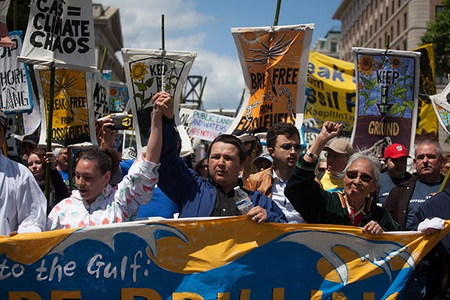 Activists march in Washington DC against offshore drilling on May 15. The demonstration, which was held just days after a large oil spill in the Gulf of Mexico, was lead by activists from the Gulf Coast and Native communities in the Alaskan Arctic, where the impacts of offshore drilling are felt the most. (Photo: Eman Mohammed) 