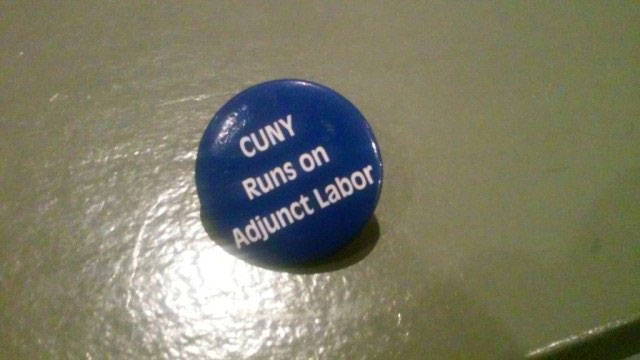 A button left at the November 19, 2015, meeting organized by the Professional Staff Congress. (Photo: Brandon Jordan)