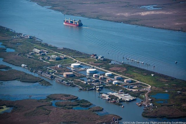 Oil and gas industry site near the mouth of the Mississippi River in Plaquemines Parish, Louisiana. (Photo: Julie Dermansky)