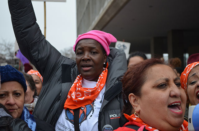 Domestic worker June Barrett, who has been organizing against anti-immigrant and anti-worker policies in Miami, marches in Washington on January 21, 2017. 