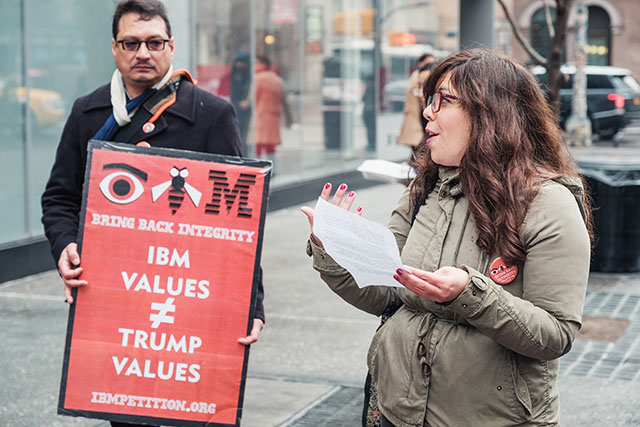 Former IBMer Elizabeth Wood, who resigned from the company with a statement of moral integrity over personal gain, at the New York petition delivery event. (Photo: Coworker.org)