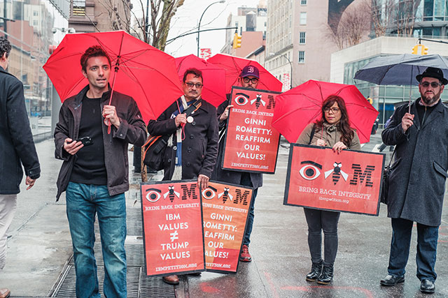 Daniel Hanley, S.B. and colleagues deliver petitions to IBM headquarters in New York, March 28, 2017. (Photo: Coworker.org)