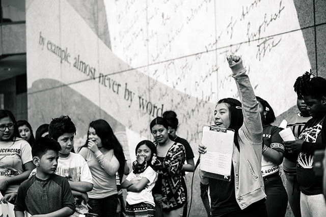 Raleigh, North Carolina, April 12, 2017: Yoana speaks to a crowd in front of the North Carolina Department of Public Instruction, along the journey from Miami to DC for the We Belong Together Kids Caravan. Yoana’s father, like Elena’s, was deported under the Trump administration. (Photo: Steve Pavey)