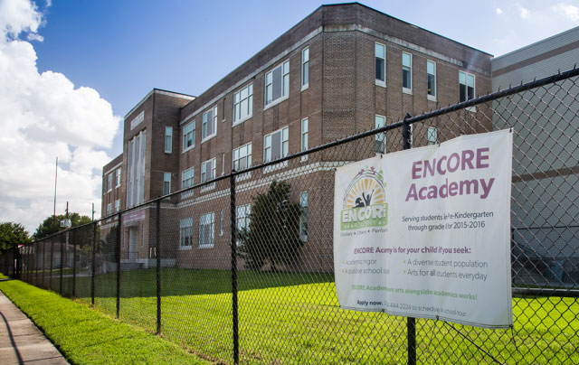 Encore Academy is the charter elementary school in New Orleans where Damita Hall and Pamela Bourgois work in the cafeteria. Under the charter system, students are not assigned to a school based on where they live. Instead, parents submit applications with a list of schools ranked from their top choice on down, aware that their child may not be admitted to the school they like best. (Photo: Julie Dermansky) 