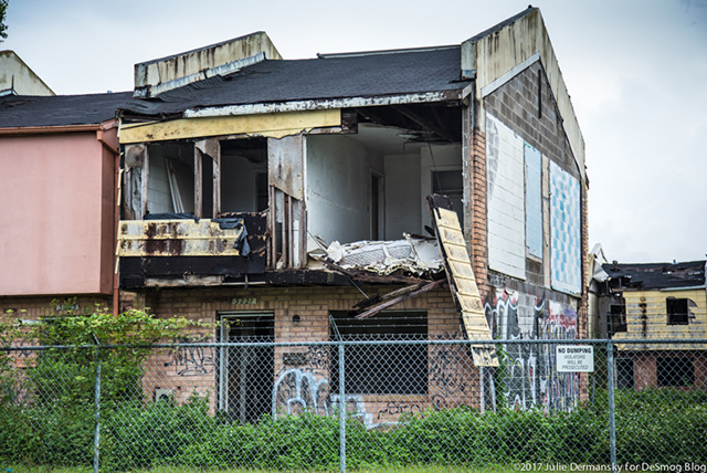 A Press Park housing unit torn open in New Orleans after Hurricane Katrina in 2005. Residents nearby complain about the smell that comes from the blighted structures after it rains. (Photo: Julie Dermansky)