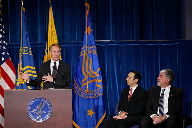 Sen. James Lankford speaks at a news conference announcing a new division on Conscience and Religious Freedom as Office of Civil Rights Director Roger Severino, center, and Acting Secretary Kevin Hargan, at right, at the Department of Health and Human Services January 18, 2018, in Washington, DC. (Photo: Aaron P. Bernstein / Getty Images)