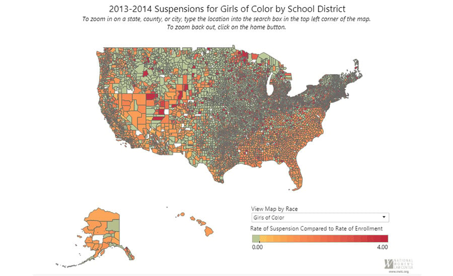 This map produced by the National Women's Law Center shows suspension rates for girls of color broken down by school district nationwide for 2013-2014. (Image: <a href=