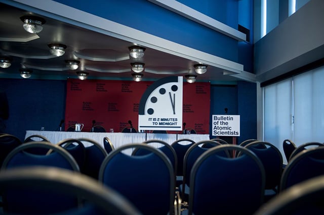The Doomsday clock is seen after members of the Bulletin of the Atomic Scientists moved it 30 seconds closer to the end of the world January 25, 2018, in Washington, DC. Mounting concerns about the possibility of a nuclear war along with Donald Trump's 'unpredictability' have pushed the symbolic 'Doomsday Clock' to two minutes before midnight, the Bulletin of Atomic Scientists said Thursday. (Photo: Brendan Smialowski / AFP / Getty Images)