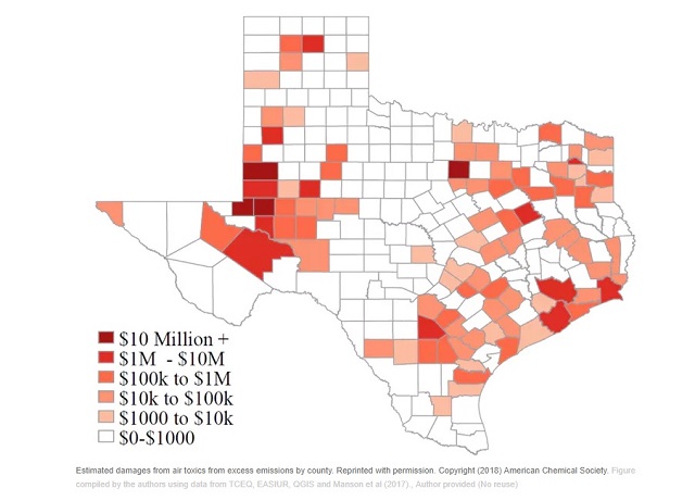 a chart of estimated damages from air toxics from excess emissions by county.