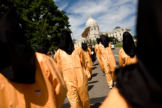Anti-torture activists protest the Republican National Convention outside the Minnesota State Capitol August 31, 2008, in St. Paul, Minnesota. Gina Haspell, the Trump nominee to head the CIA, has been directly involved in torture. (Photo: Max Whittaker / Getty Images)