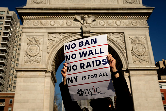 Activists rally during a protest to the mark the one year anniversary of the Trump administration's executive order banning travel into the United States from several Muslim majority countries, in Washington Square Park, January 26, 2018, in New York City. (Photo: Drew Angerer / Getty Images)