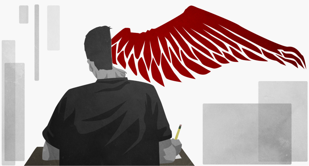Illustration of red right wing emerging from head of a student.