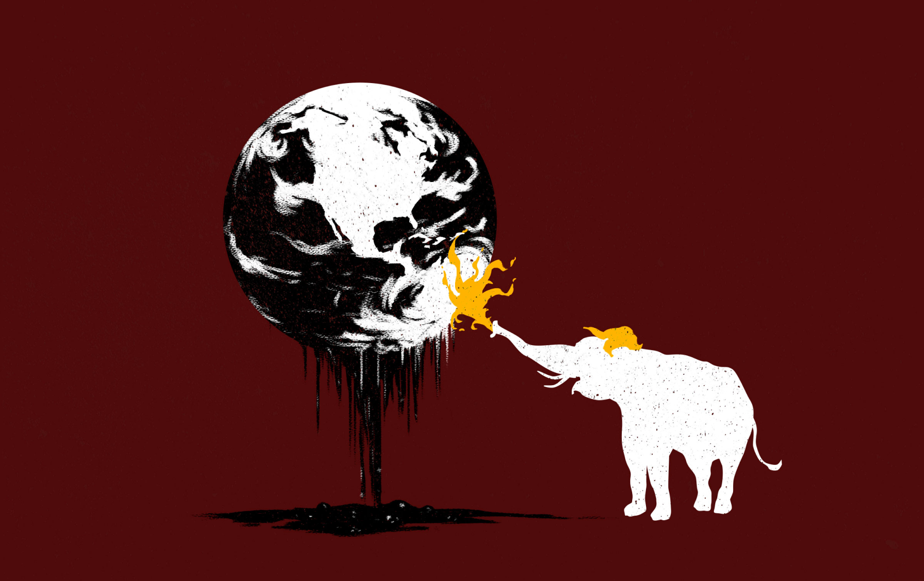 Illustration of an elephant with setting fire to a melting Earth with its trunk.