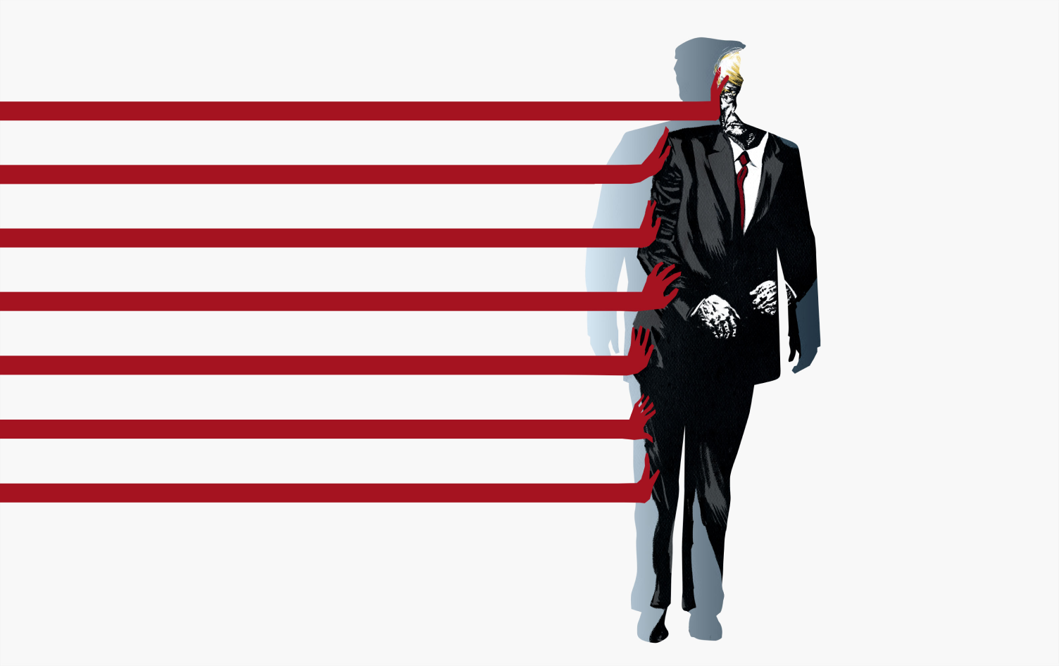 Illustration of Trump being pushed back through a Trump-sized hole by red stripes becoming hands.