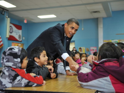 President Barack Obama chats with students during a visit to Viers Mill Elementary School in Silver Spring, Maryland, on October 19, 2009.