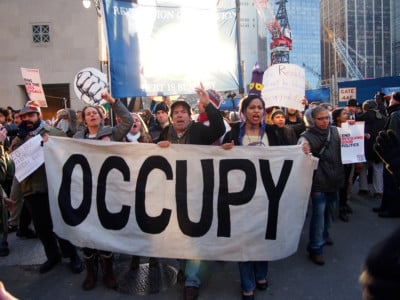 Occupy Wall Street protesters march on December 12, 2011, in New York City. Protests against the financial system took place nationwide.