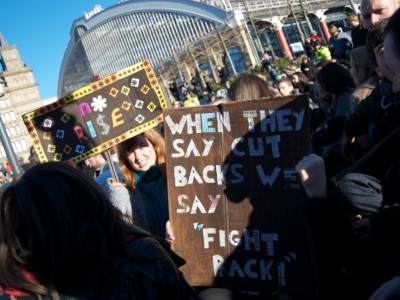 Students demonstrate against university funding cuts and the raising of tuition caps at Liverpool University, November 2010.
