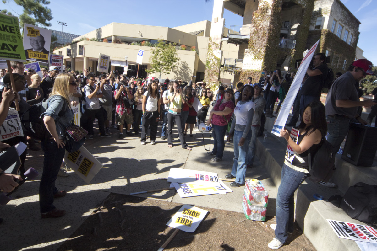 Hundreds of students and workers rally at UCLA on November 9, 2011 in Los Angeles. Refund California organized the event as part of the Occupy Wall Street movement.