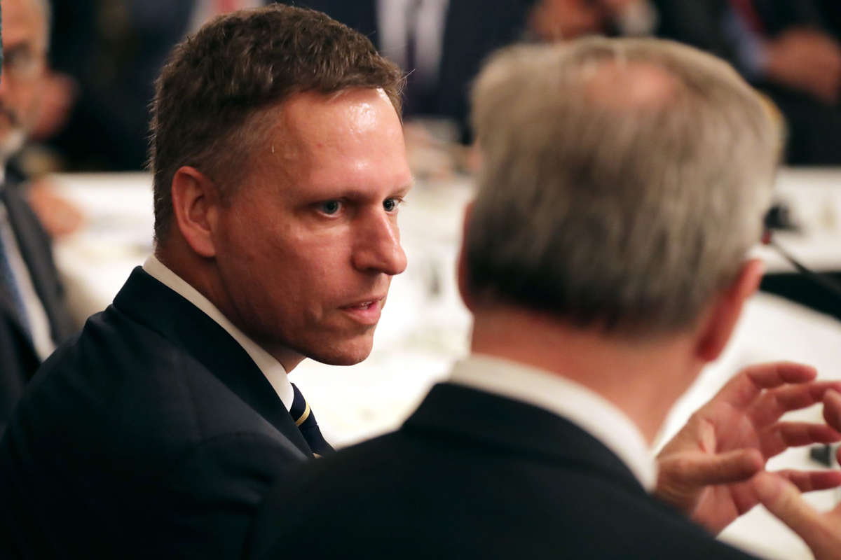 Venture capitalist Peter Thiel speaks during a meeting of the White House American Technology Council in the State Dining Room of the White House, June 19, 2017, in Washington, D.C.