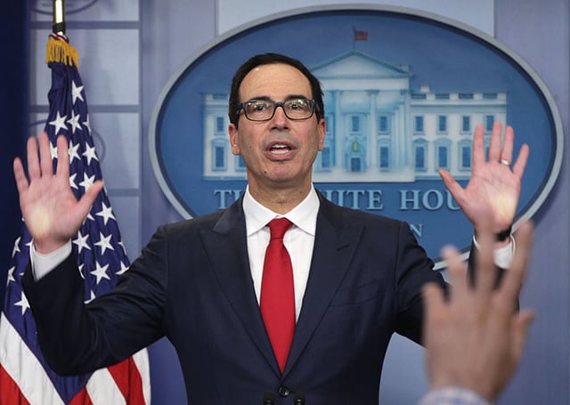 Treasury Secretary Steven Mnuchin speaks to members of the White House press corps during a daily briefing at the James Brady Press Briefing Room of the White House August 25, 2017, in Washington, D.C.