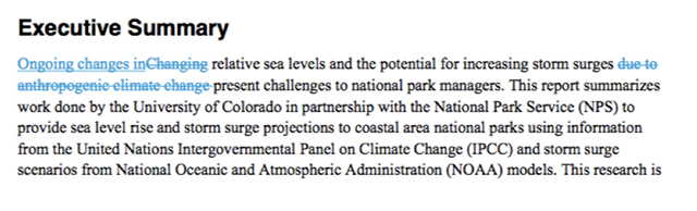 The word "anthropogenic," the term for people's impact on nature, was removed from the executive summary of the sea level rise report for the National Park Service.