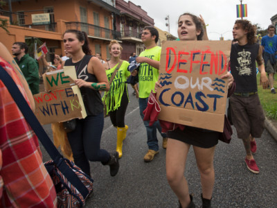 Under a proposed Louisiana law, peaceful protests like 350.org's "Draw the Line on Tar Sands and the Keystone XL pipeline," in the French Quarter in New Orleans on September 21, 2013, bear the possibility of prison sentences as long as 20 years, or fines of up to $10,000.
