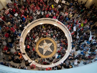 Teachers continue their strike at the state capitol on April 9, 2018, in Oklahoma City, Oklahoma.