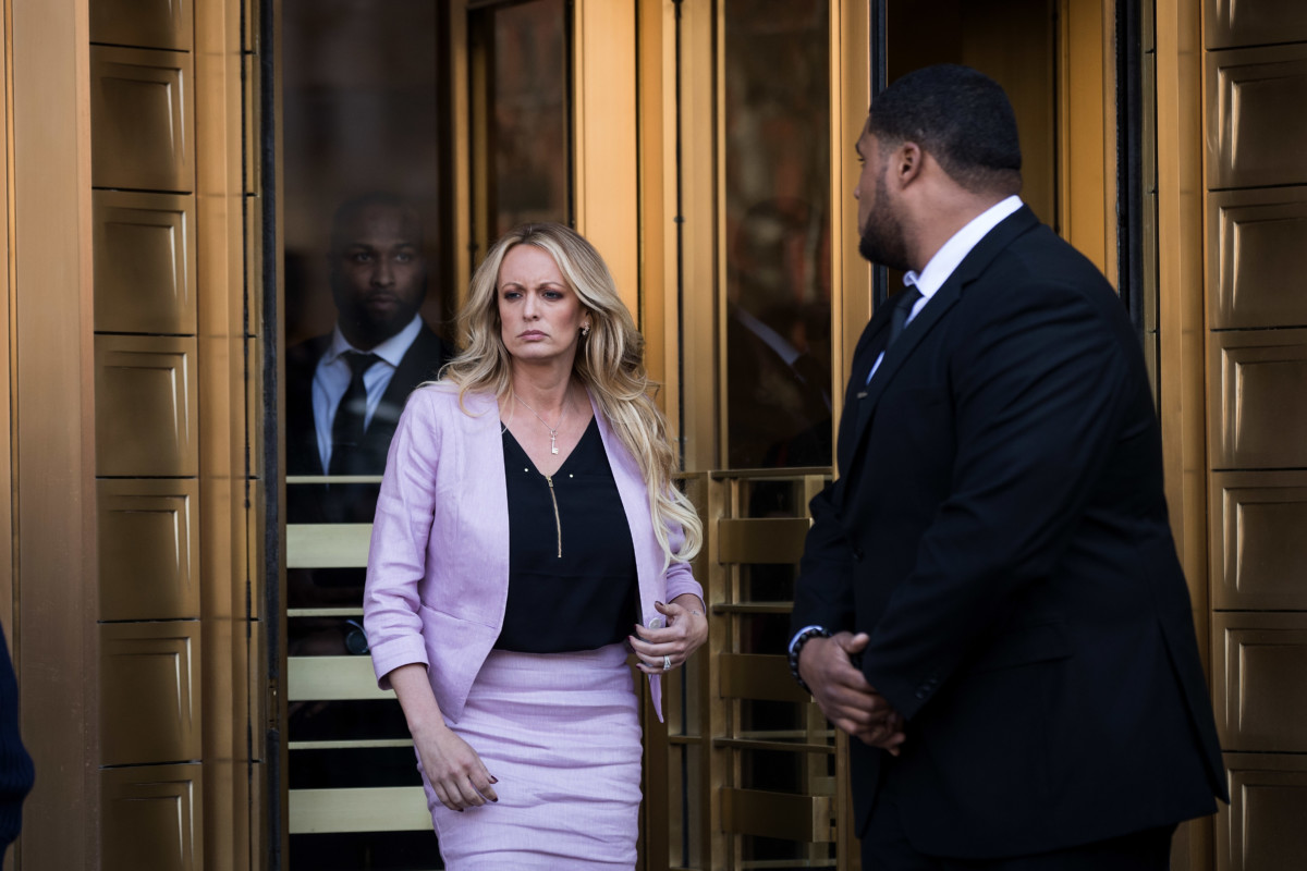 Adult film actress Stormy Daniels exits the United States District Court Southern District of New York for a hearing related to Michael Cohen, President Trump's longtime personal attorney and confidante, April 16, 2018, in New York City.