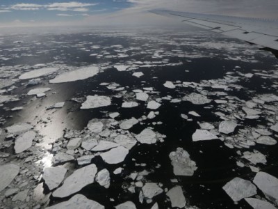 Sea ice floats near the coast of West Antarctica as seen from a window of a NASA Operation IceBridge airplane on October 27, 2016, in-flight over Antarctica.