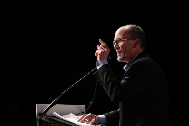 DNC Chair Tom Perez speaks during a "Come Together and Fight Back" tour at the James L Knight Center on April 19, 2017, in Miami, Florida.