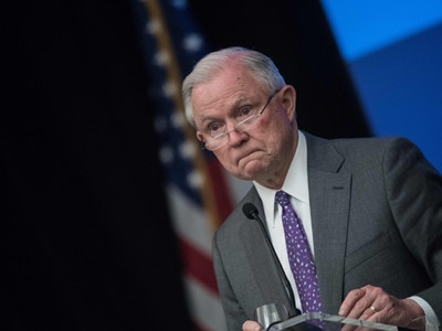 US Attorney General Jeff Sessions looks on as he addresses the National Sheriffs' Association opioid roundtable in Washington, DC, on May 3, 2018.