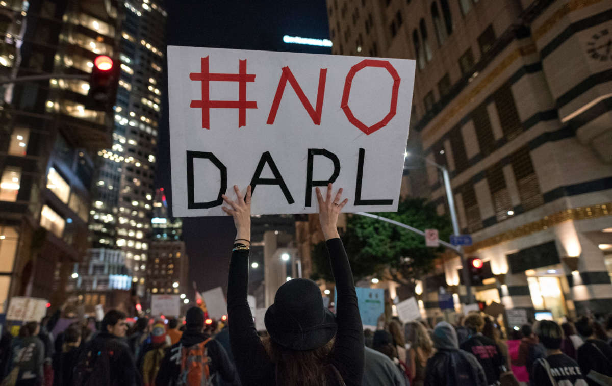 Protesters gather to denounce the Army Corps of Engineers decision to grant an easement for the Dakota Access Pipeline. Los Angeles, California, on February 8, 2017.