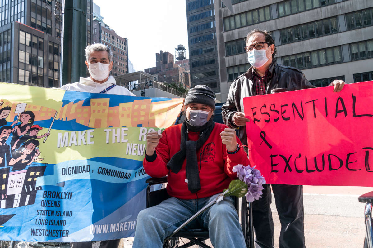 Participants of a hunger strike, advocates and local politicians attend an excluded workers rally on 3rd avenue in front of Governor's office in New York City on April 4, 2021.