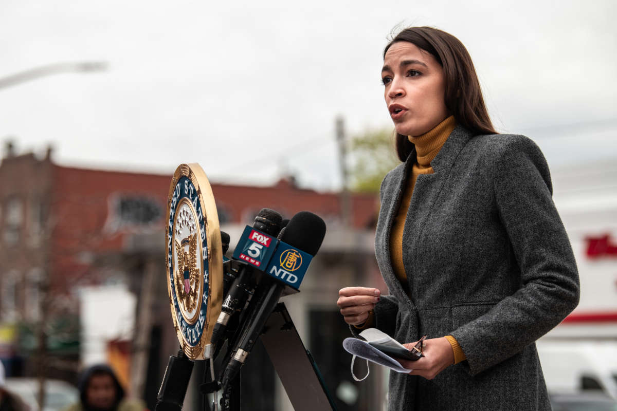 Rep. Alexandria Ocasio Cortez speaks at a press conference at Corona Plaza in Queens on April 14, 2020, in New York City.