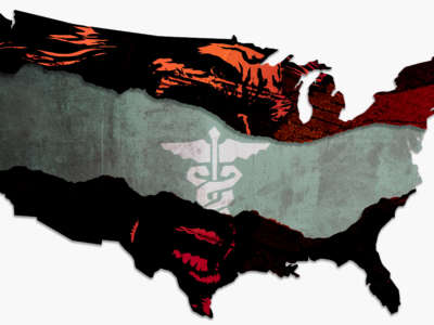 Illustration of USA health care in sickly condition even with Trump face torn away