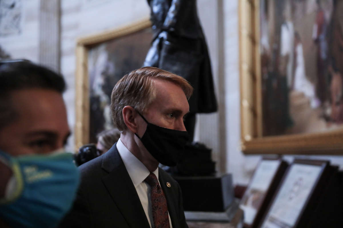 Sen. James Lankford walks through the Rotunda headed to the House Chamber at the U.S. Capitol on January 6, 2021, in Washington, D.C., before Trump supporters breached the Capitol.