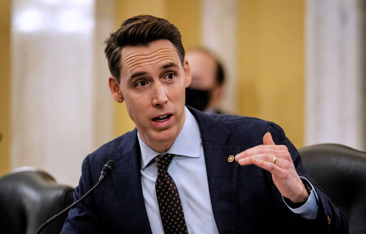 Sen. Josh Hawley asks questions during a confirmation hearing before the Senate Small Business and Entrepreneurship Committee on February 3, 2021, in Washington, D.C.