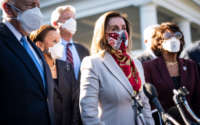 House Speaker Nancy Pelosi and other Democrat lawmakers speak outside the West Wing on February 5, 2021, in Washington, D.C.