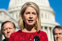 Rep. Mary Miller conducts a news conference with members of the House Freedom Caucus outside the Capitol to oppose the Equality Act on February 25, 2021.