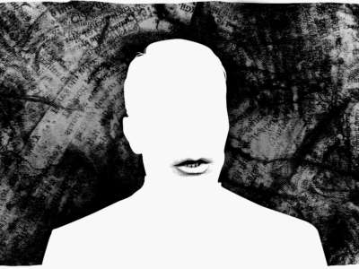 White silhouette speaking with crumpled newsprint behind