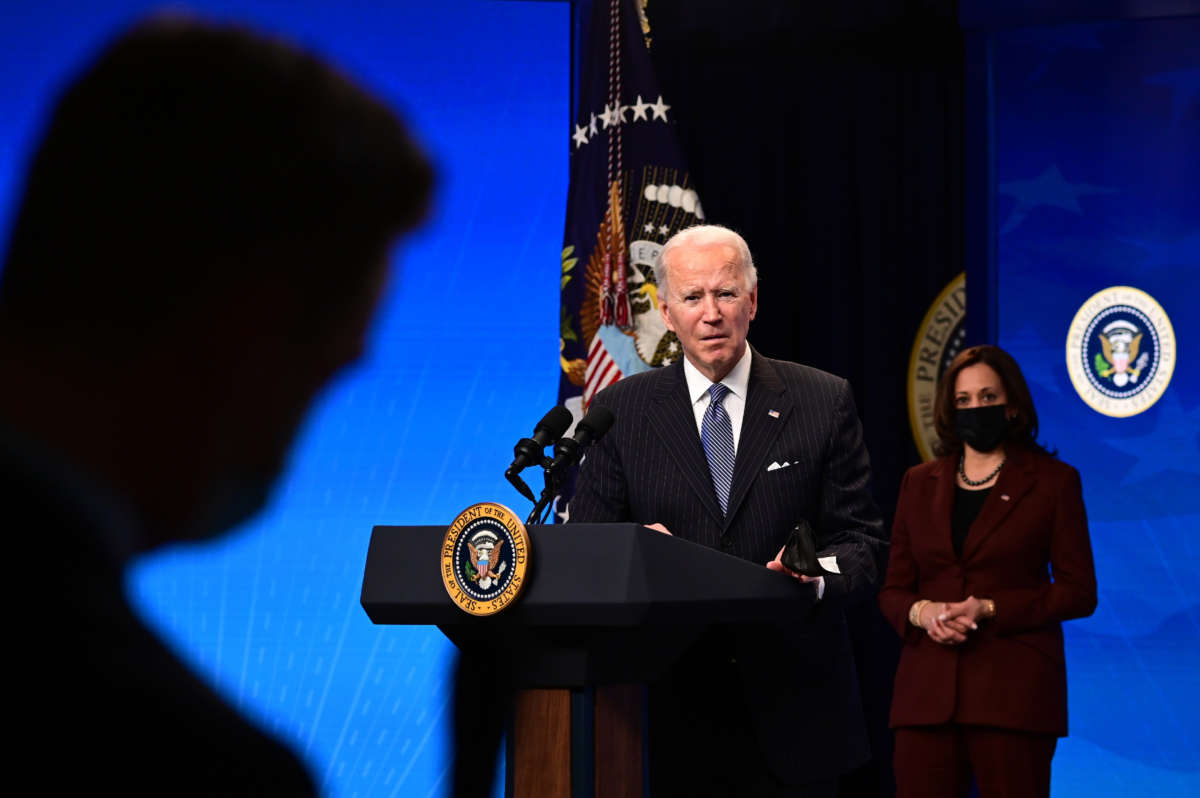 President Biden with Vice President Kamala Harris answers questions from the media in the South Court Auditorium at the White House on January 25, 2021, in Washington, D.C.