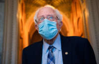 Sen. Bernie Sanders is seen outside the chamber as the Senate debates the coronavirus relief package on March 5, 2021.