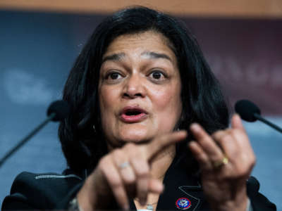 Rep. Pramila Jayapal conducts a news conference in the Capitol on March 1, 2021.